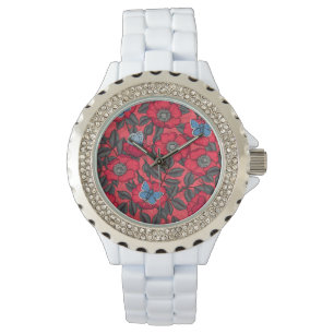 Reloj De Pulsera Rosa de perro y mariposas en rojo y azul