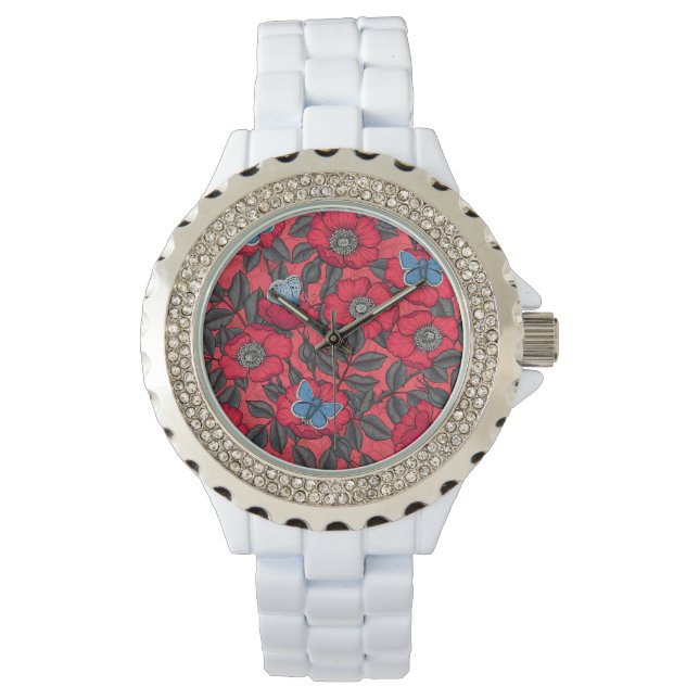 Reloj De Pulsera Rosa de perro y mariposas en rojo y azul (Anverso)