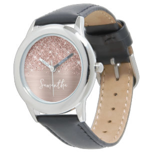 Reloj De Pulsera Rosa Dorado Brillante Glam Blanco Nombre