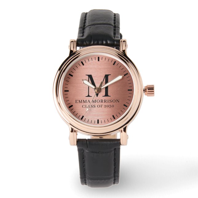 Reloj De Pulsera Rosa Dorado Monogramado de Mujer (Anverso)