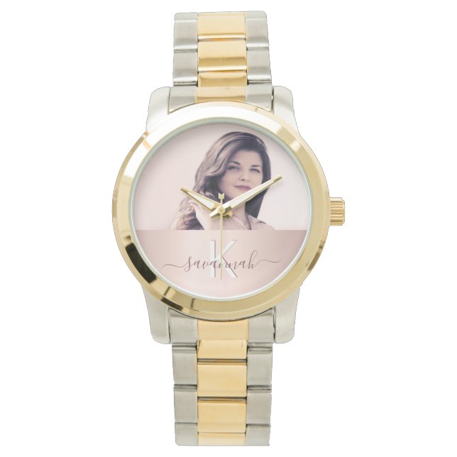 Reloj De Pulsera Rosa foto de monograma dorado (Anverso)
