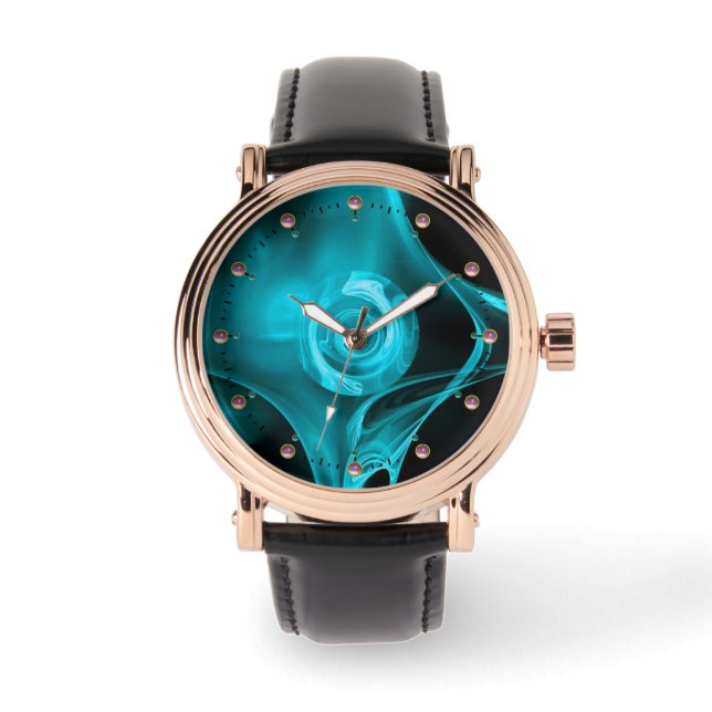 RELOJ DE PULSERA ROSA FRACTAL VERDE AZULADO AZUL TURQUESA (Anverso)