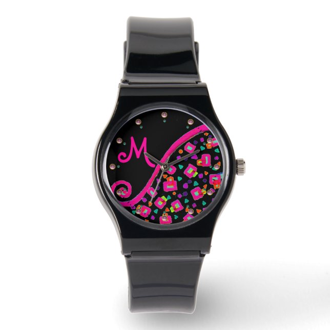 RELOJ DE PULSERA ROSA FUCHSIA BLACK ABSTRACT DECO MONOGRAM (Anverso)