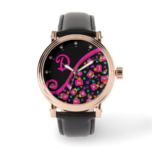 RELOJ DE PULSERA ROSA FUCHSIA BLACK ABSTRACT DECO MONOGRAM