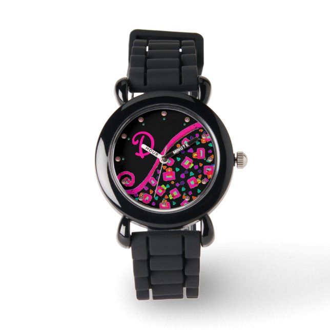 RELOJ DE PULSERA ROSA FUCHSIA BLACK ABSTRACT DECO MONOGRAM (Anverso)