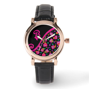 RELOJ DE PULSERA ROSA FUCHSIA BLACK ABSTRACT DECO MONOGRAM