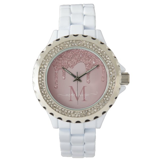 Reloj De Pulsera Rosa Girly Gold Sparkle Purpurinas Dris Monograma (Anverso)