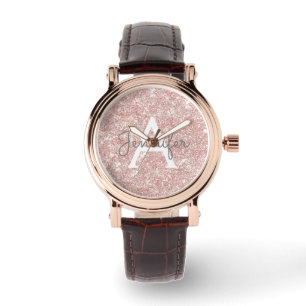 Reloj De Pulsera Rosa Monograma de Purpurina rosa dorado y espuma