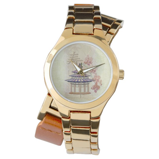 Reloj De Pulsera Rosa Pagoda Mixed Media Oriental (Anverso)