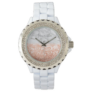 Reloj De Pulsera Rosa personalizado Purpurina de oro Marble Watch