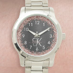 Reloj De Pulsera Rosa personalizado Purpurina de oro Monograma de e<br><div class="desc">Personalice fácilmente este elegante diseño de relojes de moda con un purpurina rosa de oro brillante sobre un fondo metálico negro cepillado.</div>