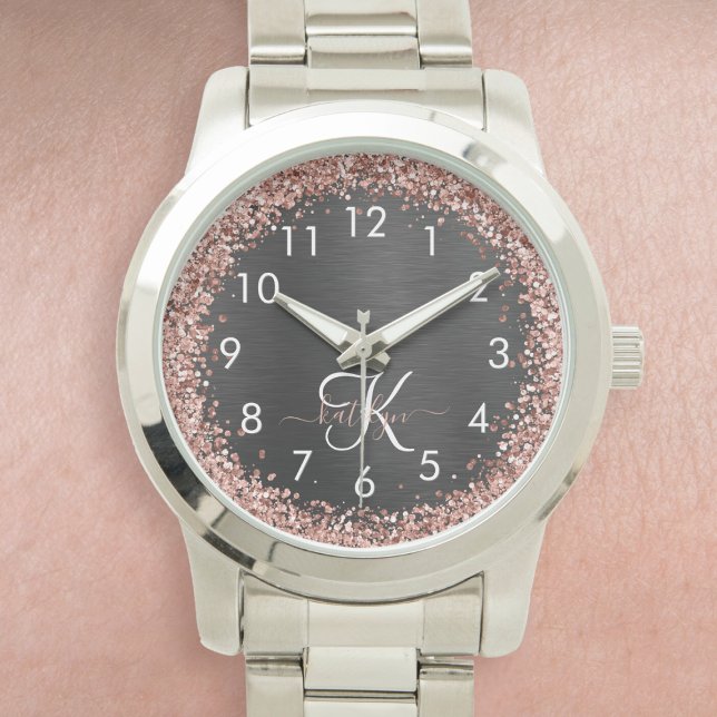 Reloj De Pulsera Rosa personalizado Purpurina de oro Monograma de e (Subido por el creador)