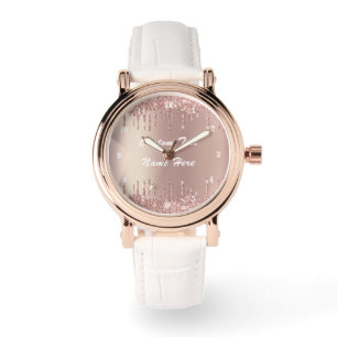 Reloj De Pulsera Rosa Purpurina de oro Personalizado Nombre de text