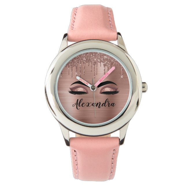 Reloj De Pulsera Rosa Purpurina dorado Esparkle Eyelashes Monograma (Anverso)