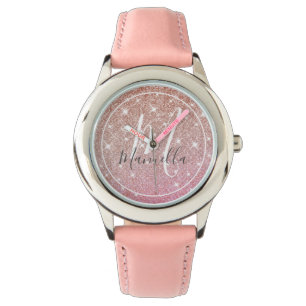 Reloj De Pulsera Rosa Purpurina dorado monogramado rosado