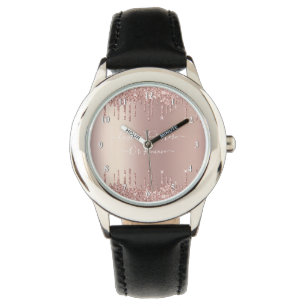 Reloj De Pulsera Rosa Purpurina Gold Watch con texto Personalizado