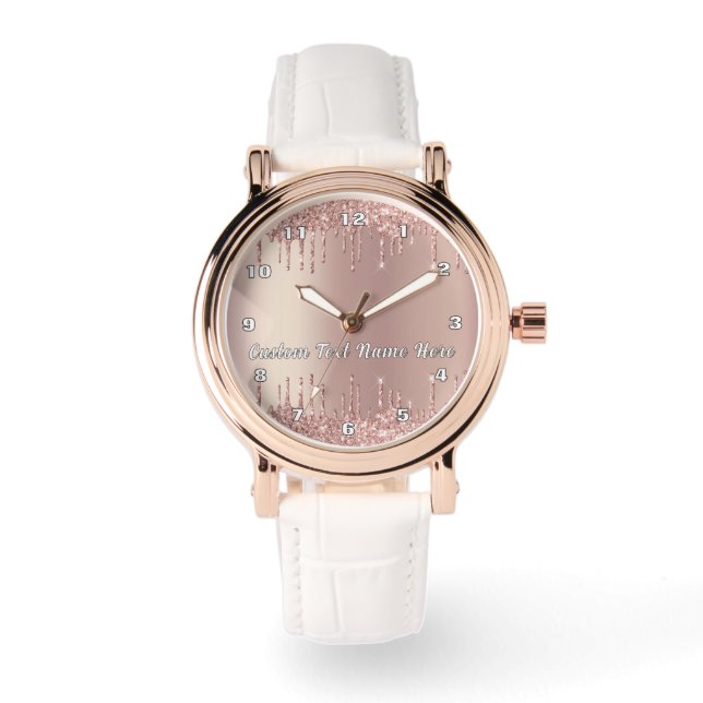 Reloj De Pulsera Rosa Purpurina Gold Watch con texto Personalizado (Anverso)