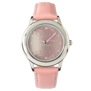 Reloj De Pulsera Rosa Purpurina Gold Watch con texto Personalizado