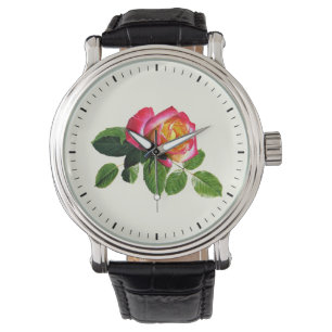 Reloj De Pulsera Rosa Roja Con Centro Amarillo Dorado