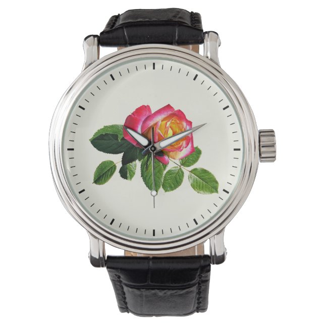 Reloj De Pulsera Rosa Roja Con Centro Amarillo Dorado (Anverso)