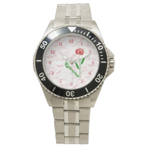 Reloj De Pulsera Rosa Roja Única Tallo Verde Hojas Personalizar Nom