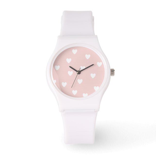 Reloj De Pulsera Rosa Rubor con corazones blancos (Anverso)
