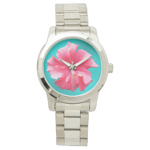 Reloj De Pulsera Rosa Tropical Hibiscus Azul Turquesa