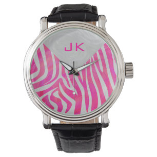 Reloj De Pulsera Rosa y blanco caluroso de cebra con monograma