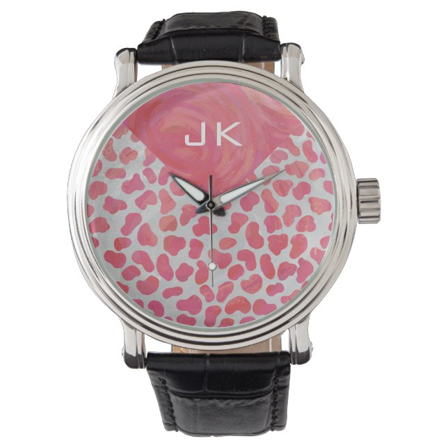 Reloj De Pulsera Rosa y blanco dálmata con monograma (Anverso)