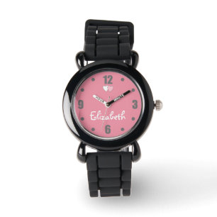 Reloj De Pulsera Rosa y gris con corazones y nombre