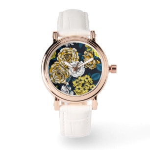 Reloj De Pulsera Rosas amarillos, blancos y bicolor con hojas azule