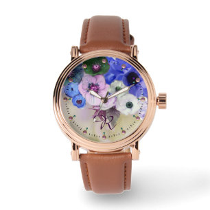 RELOJ DE PULSERA ROSAS AZULES BLANCOS, ANEMONE FLORES MONOGRAMA