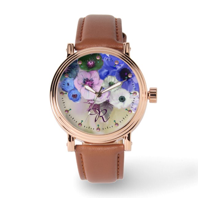 RELOJ DE PULSERA ROSAS AZULES BLANCOS, ANEMONE FLORES MONOGRAMA (Anverso)