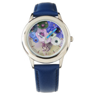 RELOJ DE PULSERA ROSAS AZULES BLANCOS, ANEMONE FLORES MONOGRAMA