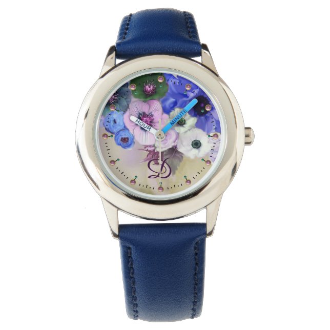 RELOJ DE PULSERA ROSAS AZULES BLANCOS, ANEMONE FLORES MONOGRAMA (Anverso)