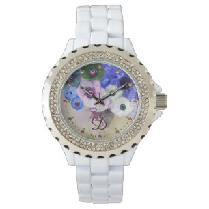 RELOJ DE PULSERA ROSAS AZULES BLANCOS, ANEMONE FLORES MONOGRAMA