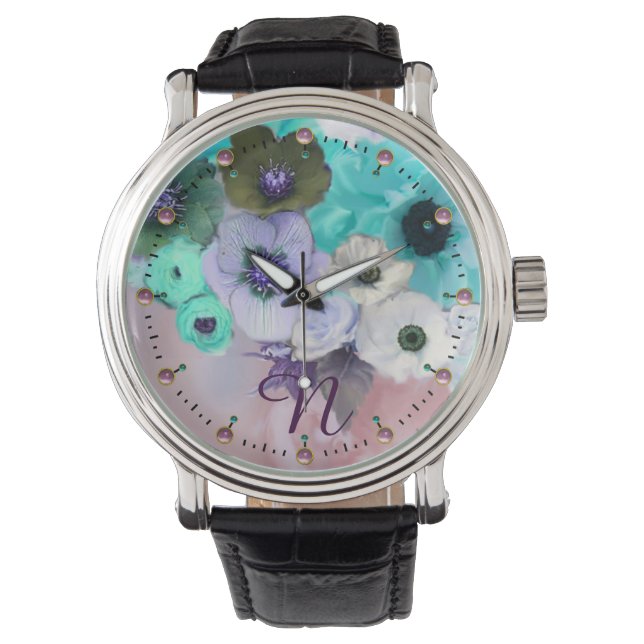 RELOJ DE PULSERA ROSAS AZULES VERDE AZULADOS BLANCOS, ANEMONA FLORE (Anverso)