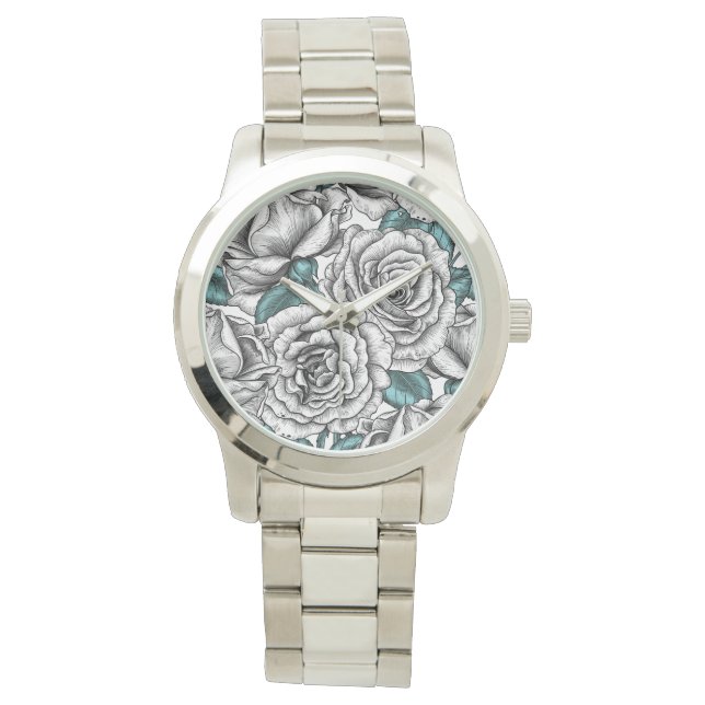 Reloj De Pulsera Rosas blancas con hojas azules (Anverso)