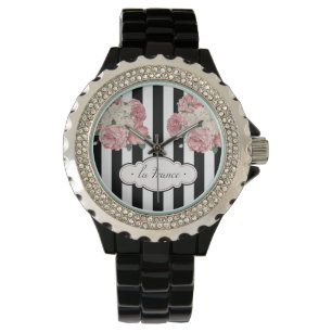 Reloj De Pulsera Rosas con las rayas blancos y negros