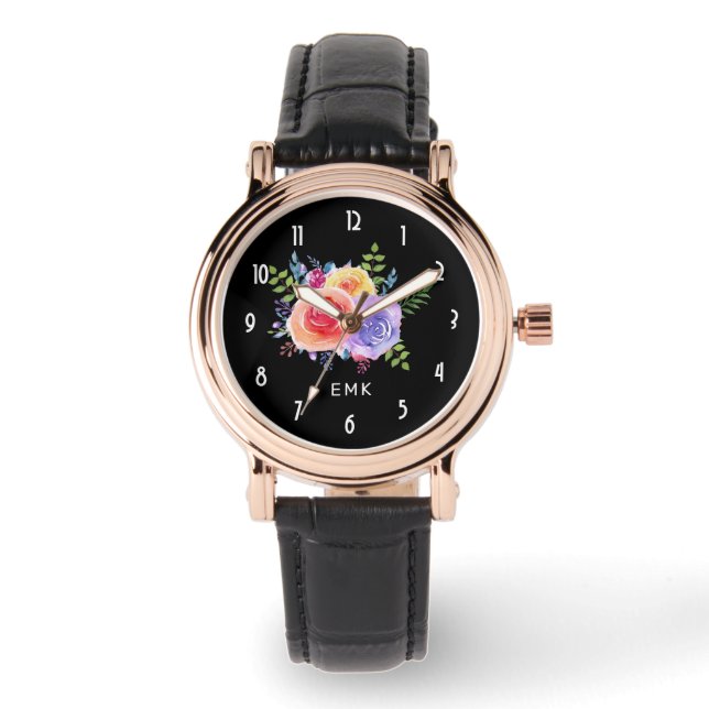 Reloj De Pulsera Rosas de acuarela Floral Bouquet en negro (Anverso)