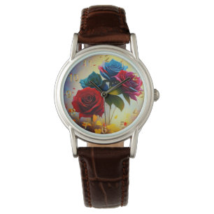Reloj De Pulsera Rosas de colores tricolores, observación de cuero