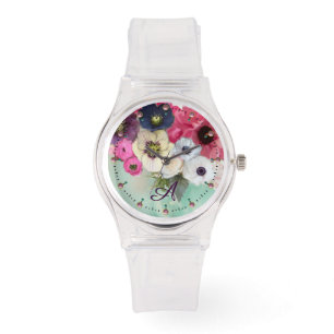 RELOJ DE PULSERA ROSAS DE FUCHSIA DE COLOR BLANCO, ANEMONE FLORECE 