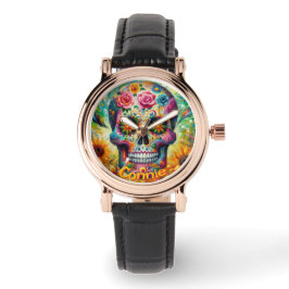 Reloj De Pulsera Rosas florales de cráneo de azúcar girasol persona