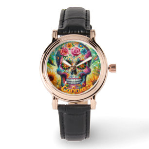 Reloj De Pulsera Rosas florales de cráneo de azúcar girasol persona