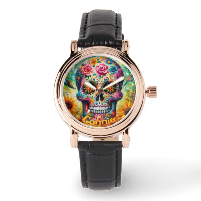 Reloj De Pulsera Rosas florales de cráneo de azúcar girasol persona (Anverso)