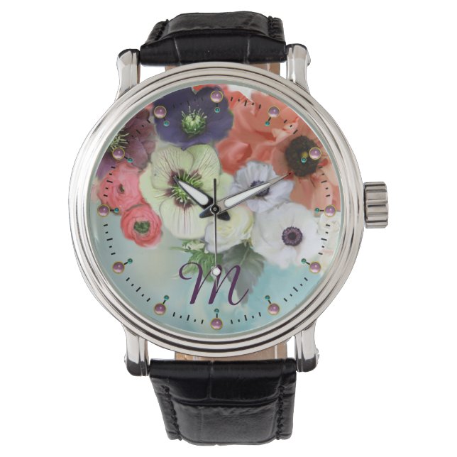 RELOJ DE PULSERA ROSAS ROJAS BLANCAS, ANEMONA AZUL FLORECE MONOGRAM (Anverso)