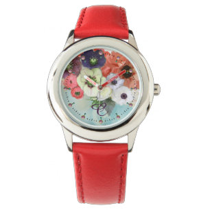 RELOJ DE PULSERA ROSAS ROJAS BLANCAS, ANEMONA AZUL FLORECE MONOGRAM