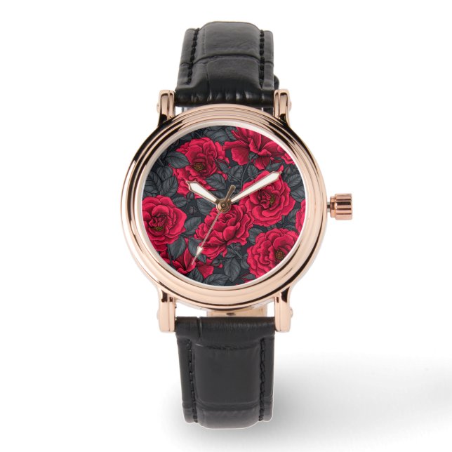Reloj De Pulsera Rosas rojas con hojas grises en negro (Anverso)