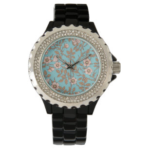 Reloj De Pulsera Rosas silvestres y mariposas /rosa/marrón/piscina