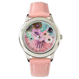 Reloj De Pulsera ROSAS verde azuladas DE COLOR ROSA Y MONOGRAMOS DE